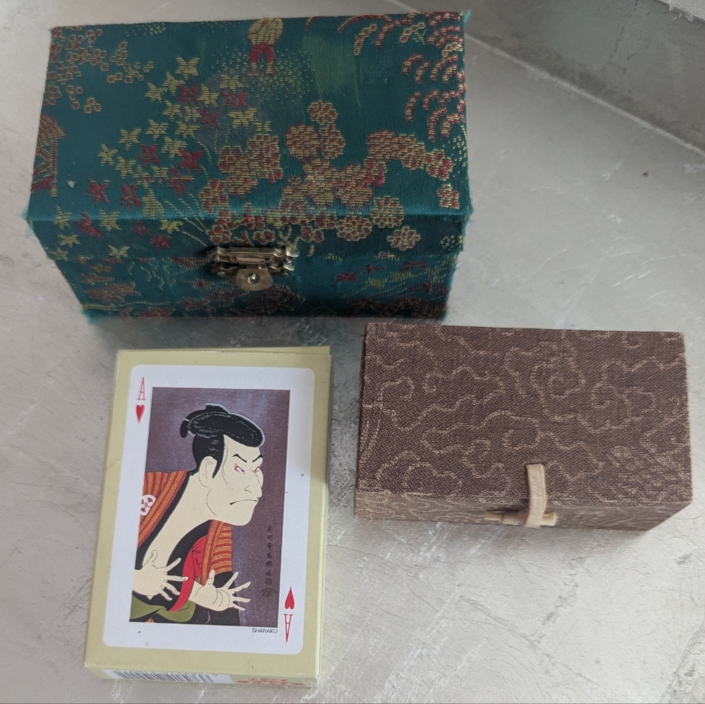 Asian Inspired Brown Green Silk Boxes Playing Cards Three Items